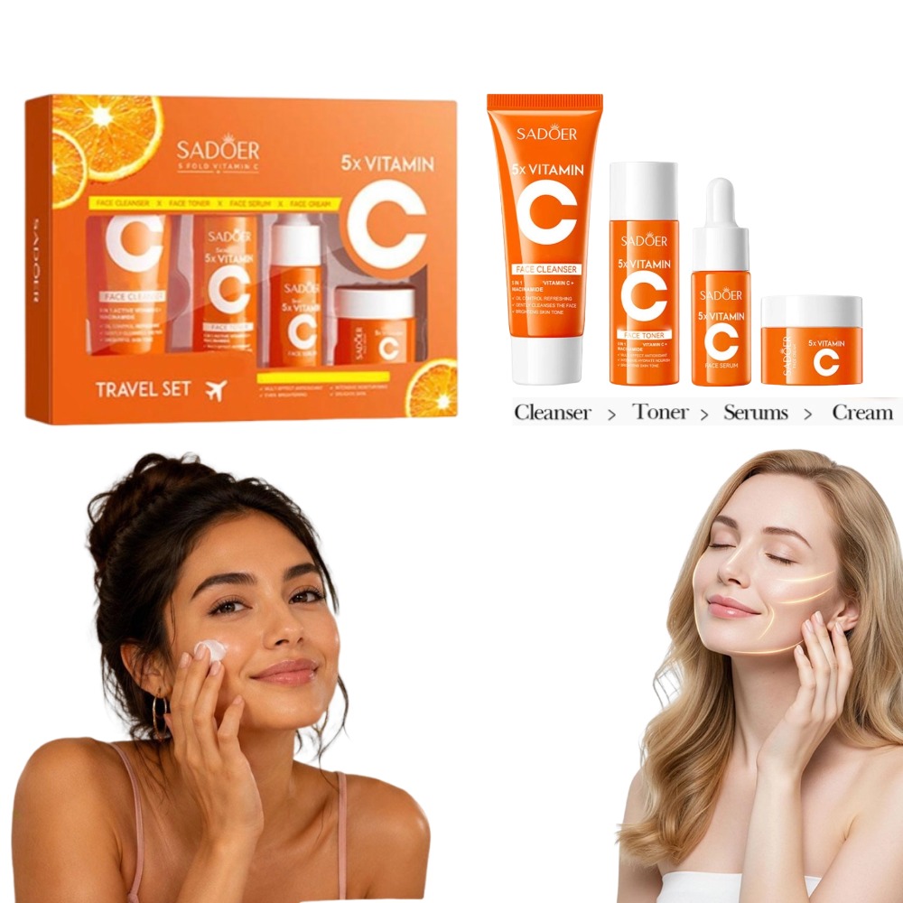 Vitamin C Serum - SADOER 4-teiliges Gesichtscreme-Set Feuchtigkeitsspendende Straffende Essenz-Serum